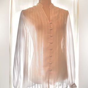 Classic White Long-Sleeve See through Blouse with pleats and cuffs size 12